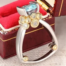 Two Tone Brass Women’s Geometric Ring with Blue CZ Wedding Party Jewelry