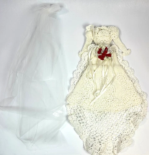 Vintage Handmade Crochet Barbie Wedding Dress Set Lace Gown Veil Red Roses