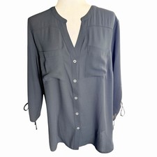 New York & Company Women's Tops Black Button Up Large Minimalist Capsule Career