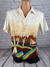 VTG 60's Hawaiian Aloha Shirt Malihini Mens M Tropical SunSet Sailboats Rainbow
