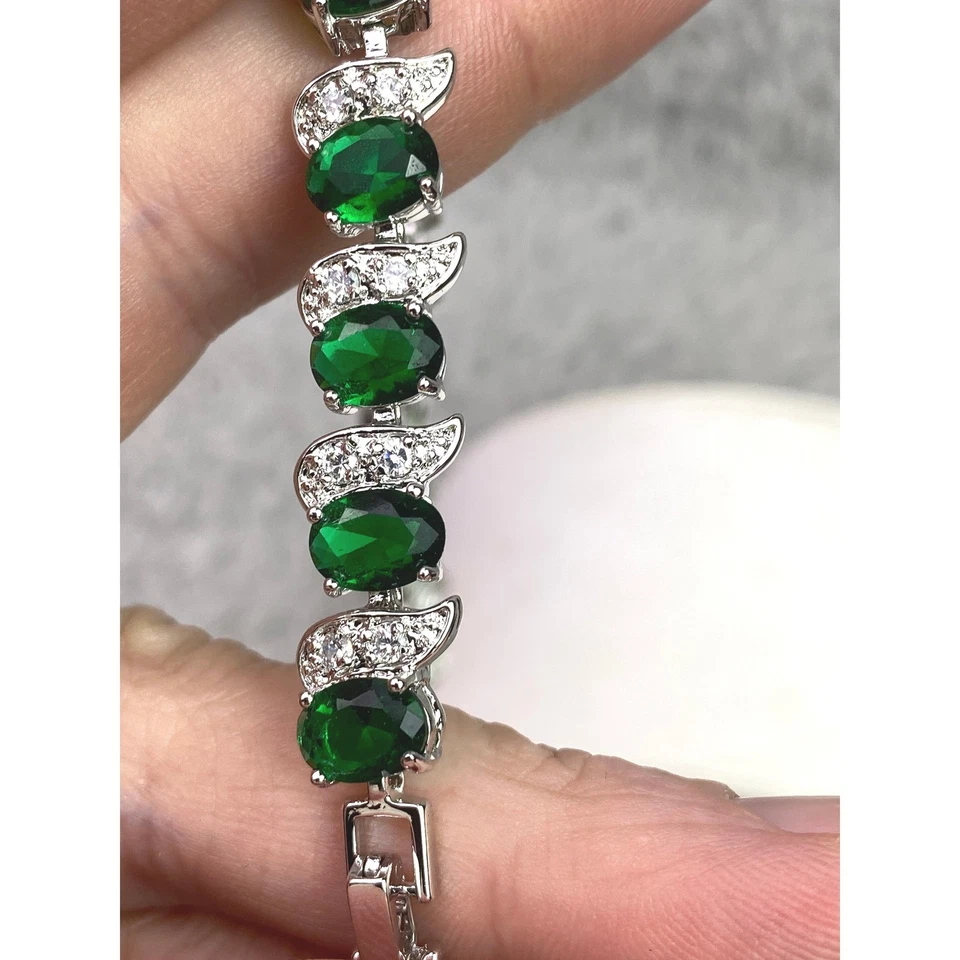 Pulsera Cristal Verde Esmeralda Tono Plata Disfraz Cóctel Piedras Preciosas Foto 3 de 4