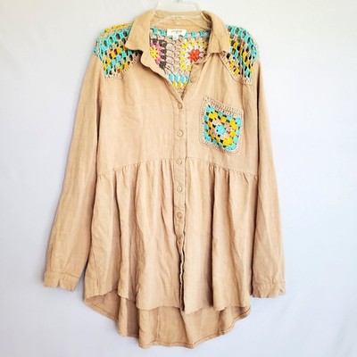Umgee Women Blouse Medium Linen Crochet Colorful Cottagecore Boho Grandma Rustic
