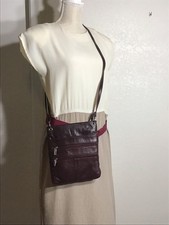 GENUINE LEATHER CROSSBODY BAG ORGANIZER 5 ZIPPERED POCKETS WINE COLOR