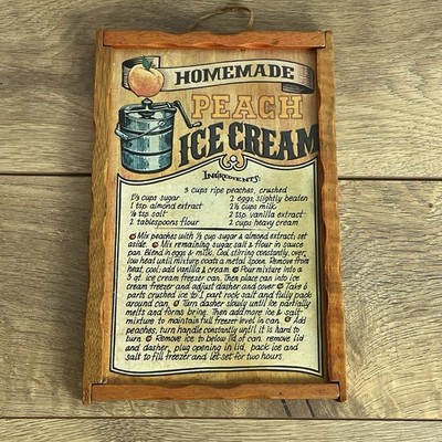 Vintage Wall Plaque Peach Ice cream Recipe Rustic Wood Frame Country Farmhouse