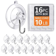 KORCCI Suction Cup Hooks 16Pack - Max Load 10LB, 1.77Inch Clear Medium Suctio...