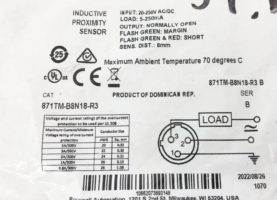 New Allen Bradley 871TM-B8N18-R3 Ser. B Inductive Proximity Sensor 20-250VAC/DC - Image 2 of 4