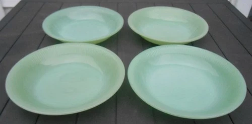 Vintage SET of Four AH Fire King Jane Ray Jadite Jadeite Ribbed Flat Soup Bowls
