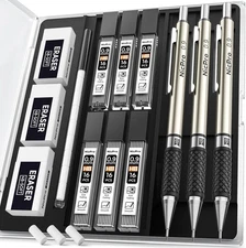 0.9 Mm Mechanical Pencil Set with Case, 3PCS Metal Mechanical Pencils with 6 Tub