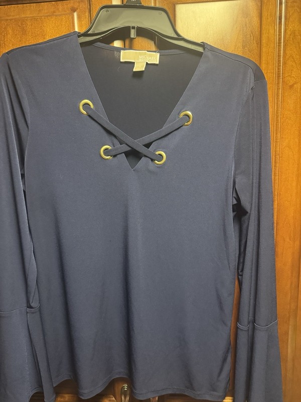 Michael Kors Navy Blue Bell Sleeve Top Women’s Small Lace Up Boho Jersey Stretch