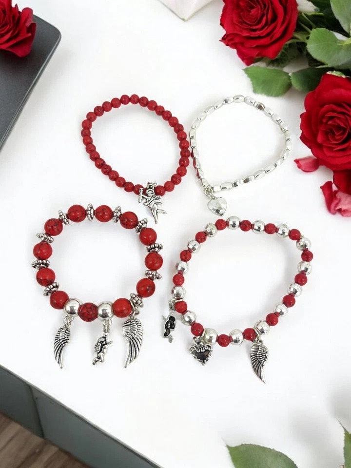 Pulsera apilada con cuentas con dijes de ángel, pulsera apilable multicapa de piedra roja Foto 2 de 4