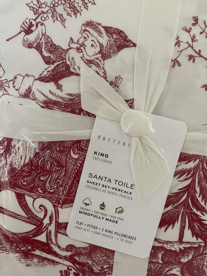 NWT Pottery Barn SANTA TOILE KING *COTTON* Sheet SET CHRISTMAS