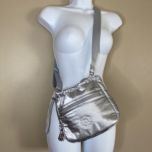 Kipling Live Light Metallic Silver Crossbody AdjustablePurse Bag Recycled Lining