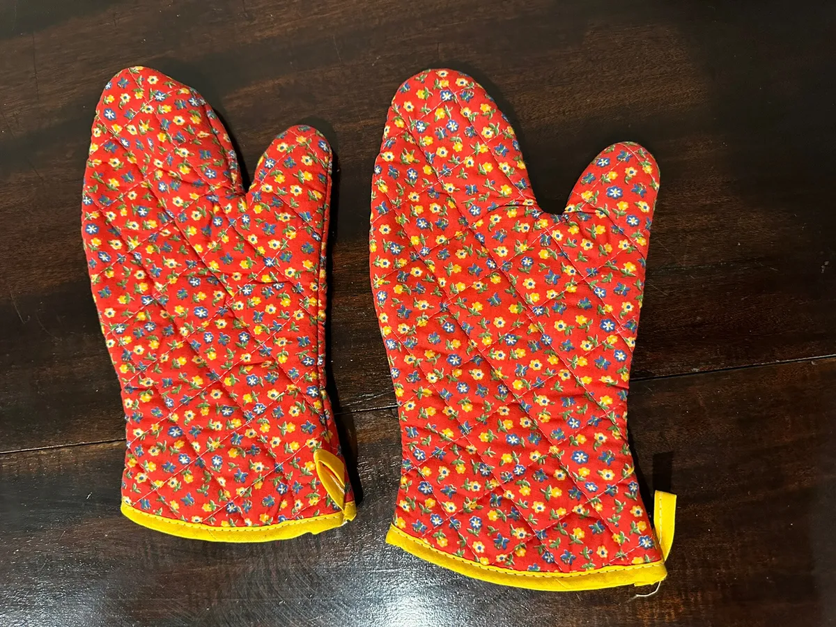 Vintage 1960's 70's Oven Mitts Pot Holder Red Yellow Floral Hippie Mod