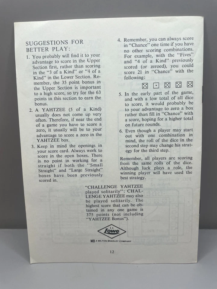 Vintage 1974 Challenge Yahtzee 12-page Instructions Instruction Booklet Guide - Image 2 of 4