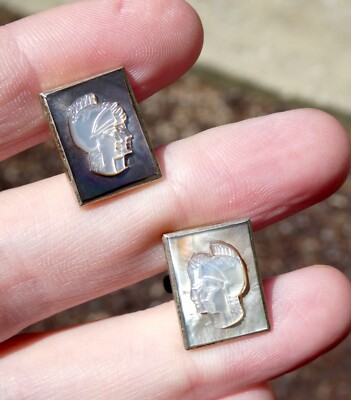Vintage 975 Silver 69NA Marked Carved Abalone Shell Soldier Cameo Cufflinks 