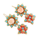 18K GOLD Vintage Earrings Solid Beaded & Floral Carved Coral & Turquoise GE259