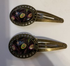 2 Mod Oval Purple Feather Cabochon Bronze Filigree Large Snap-in Hair Clips