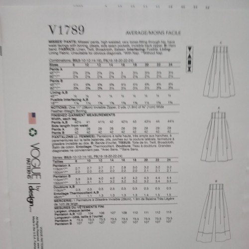 Vogue V1789 Misses Wide Legged Palazzo Pants Size 16 -24Uncut Sewing Pattern NEW - Picture 3 of 3