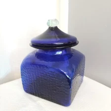 Pebble Cobalt Blue Glass Storage Jar Finial Lid Candy Treat Tea Bag Container 