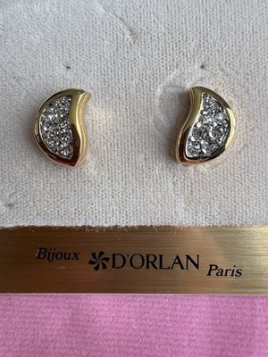 Vintage Signed D'Orlan Paris Gold Plated Pavé Crystal Half Moon Pierced Earrings