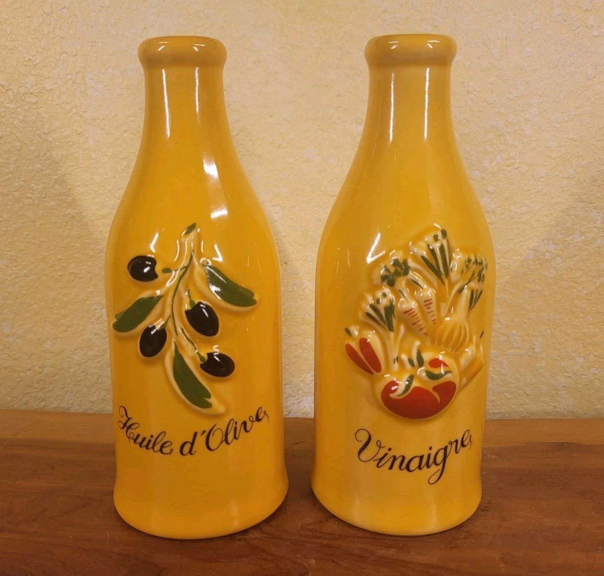 Vintage Revol France Oil and Vinegar 2 Bottles Yellow Porcelain Set w/ Caddy