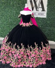 Black Princess Floral Evening Dresses Snap Shoulder Elegant A-line Embroidered