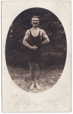 Vintage RPPC -  Handsome muscular guy in one-piece swimsuit - Gay interest