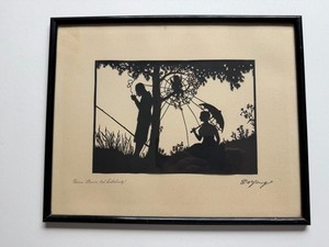 Alter Scherenschnitt von E. Pfeng  - Spinnenamor „Das Spinnennetz“ Jugendstil