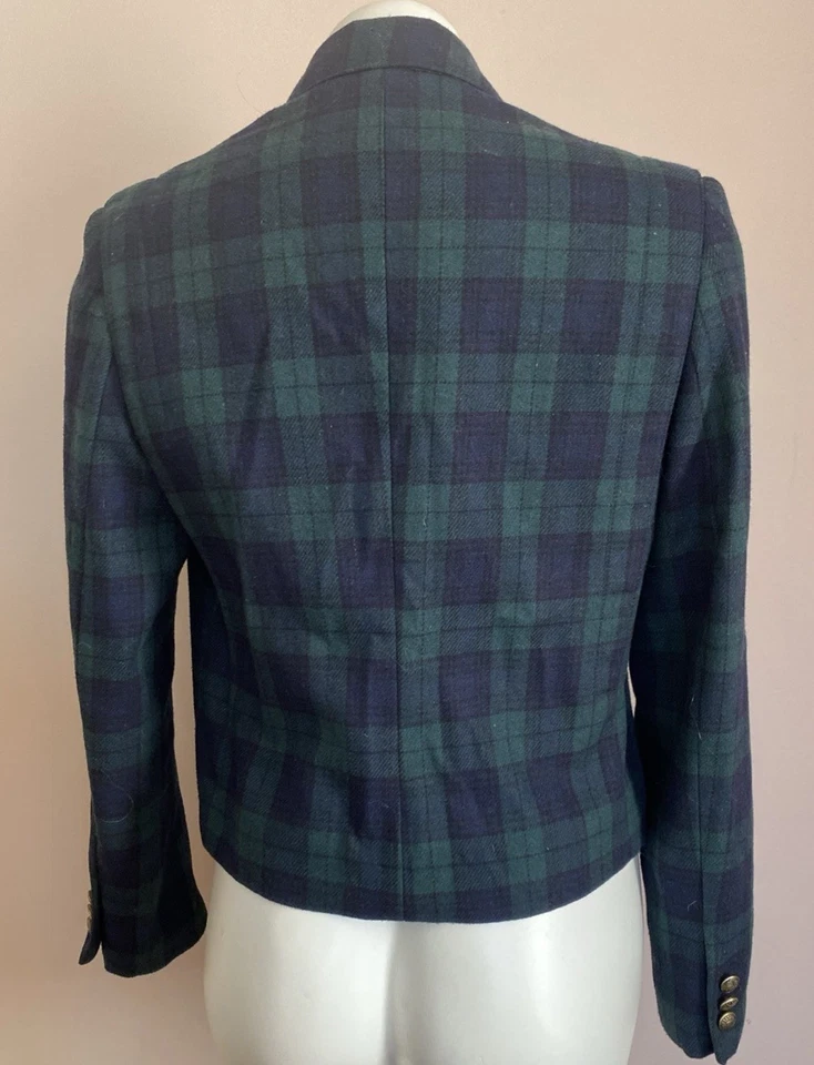 VTG Gloria Vanderbilt Crop Blazer Jacket Green Blue Tartan Plaid Wool Blend 8 M - Image 3 of 4
