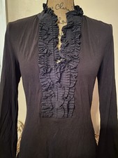 Alfani Black Ruffle Button Front Blouse Long Sleeve V-Neck Stretch M Women