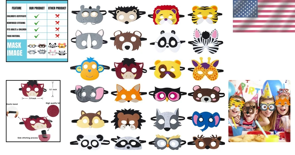 24-Piece Animal Felt Masks - Fun Party Favors for Jungle Safari Celebrations - Image 2 of 4