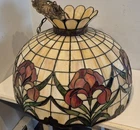 Vintage Leaded Stained Glass Tiffany Style Ceiling Lamp Iris Flowers Huge 2 Ft