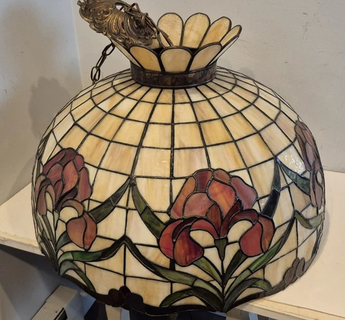 Vintage Leaded Stained Glass Tiffany Style Ceiling Lamp Iris Flowers Huge 2 Ft