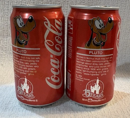 Set of 2 Vintage Walt Disney World Coca Cola Pluto Cans Top Open Empty 15 YEARS