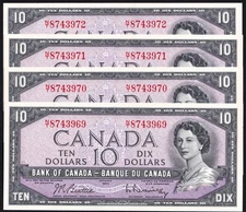 Canada 1954 $10 Banknotes Lot Of 4 UNC Conscutive Beattie - Rasminsky