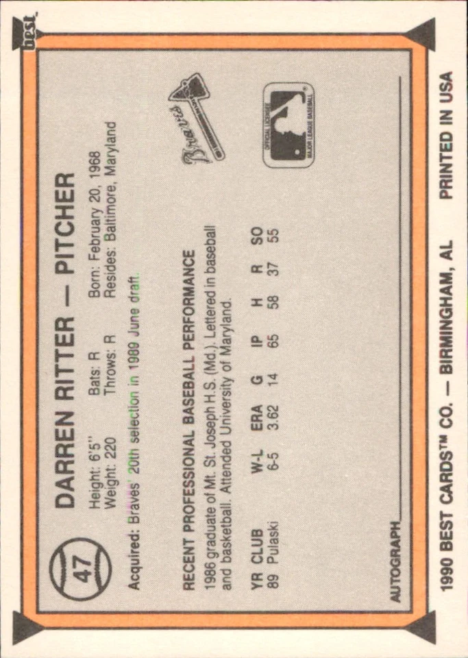 Darren Ritter 1990 Best Minor League #47 RC Burlington Braves AutographDen - Image 2 of 2