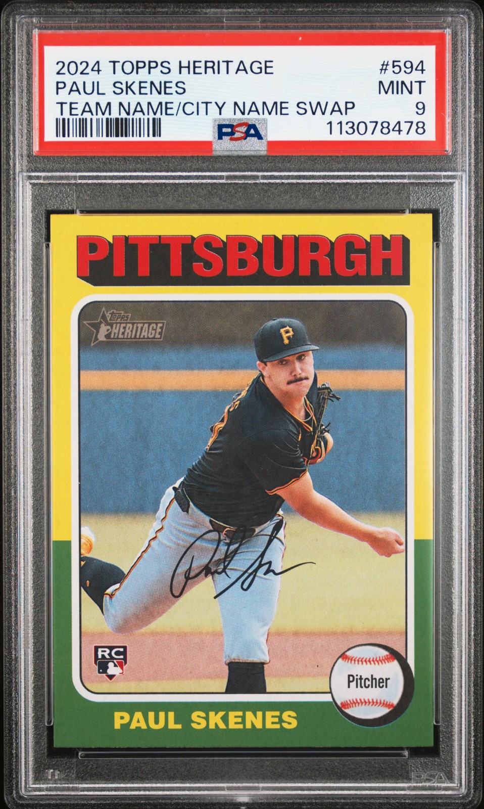 2024 TOPPS HERITAGE TEAM NAME/CITY NAME SWAP #594 PAUL SKENES ROOKIE RC PSA 9