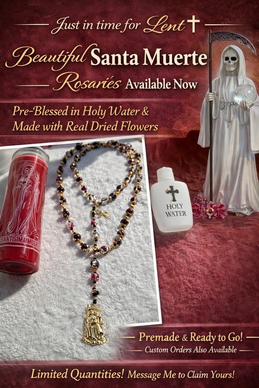 Handmade Santa Muerte Rosary Glass Metal with Real Dried Flowers
