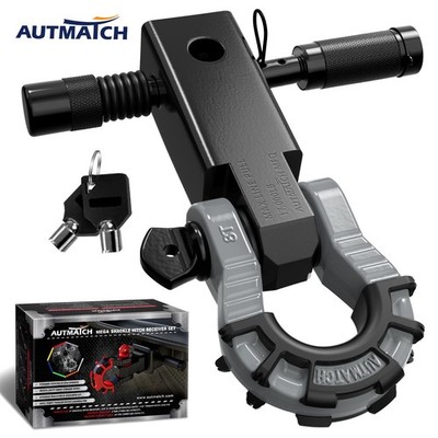 AUTMATCH 2'' Shackle Hitch Receiver & Mega D Ring Shackle Recovery, Black & Gray