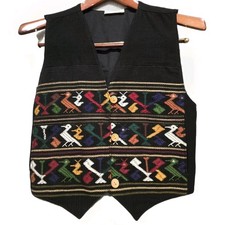 Guatemala Vest Womens S Tribal Aztec Southestern Black Hand Embroider Cotton 90s