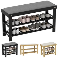 HOMCOM Bamboo Shoe Bench, Entryway Bench with Storage and Cushion