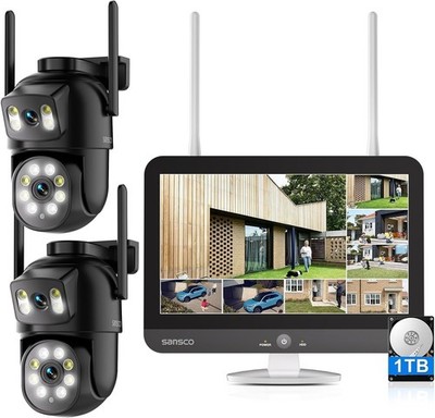 Sansco Überwachungskamera Sicherheitssystem mit 12'' Bildschirm Monitor, 2+4MP Dual Objektiv PTZ
