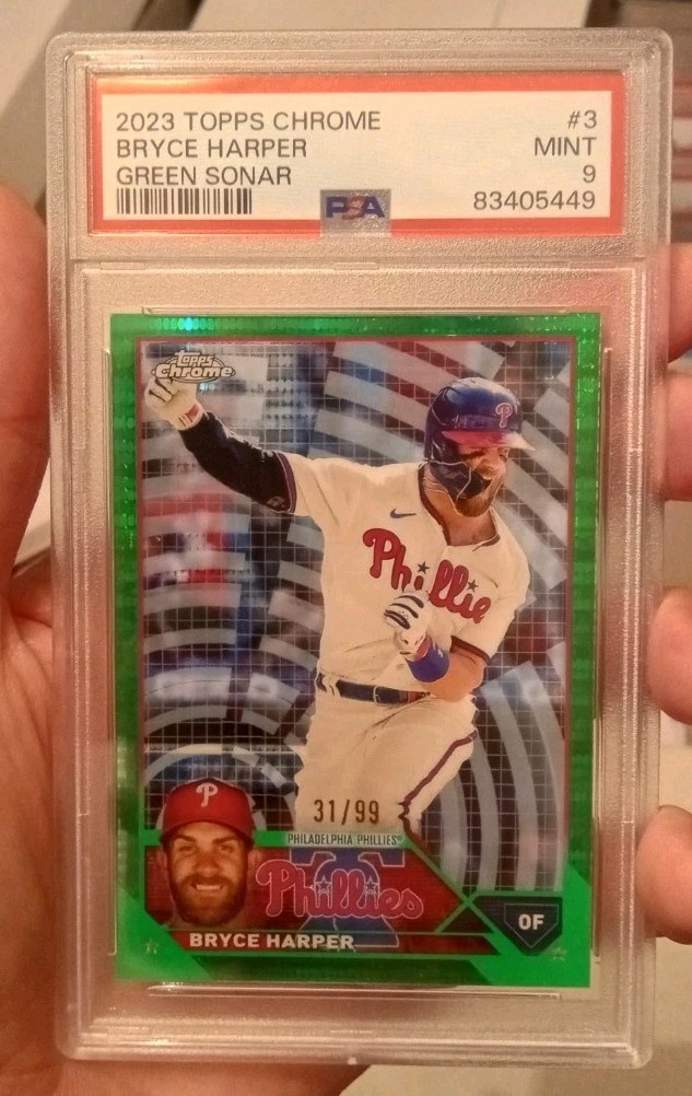 Bryce Harper 2023 Topps Chrome Green Sonar Refractor #3 /99 PSA 9