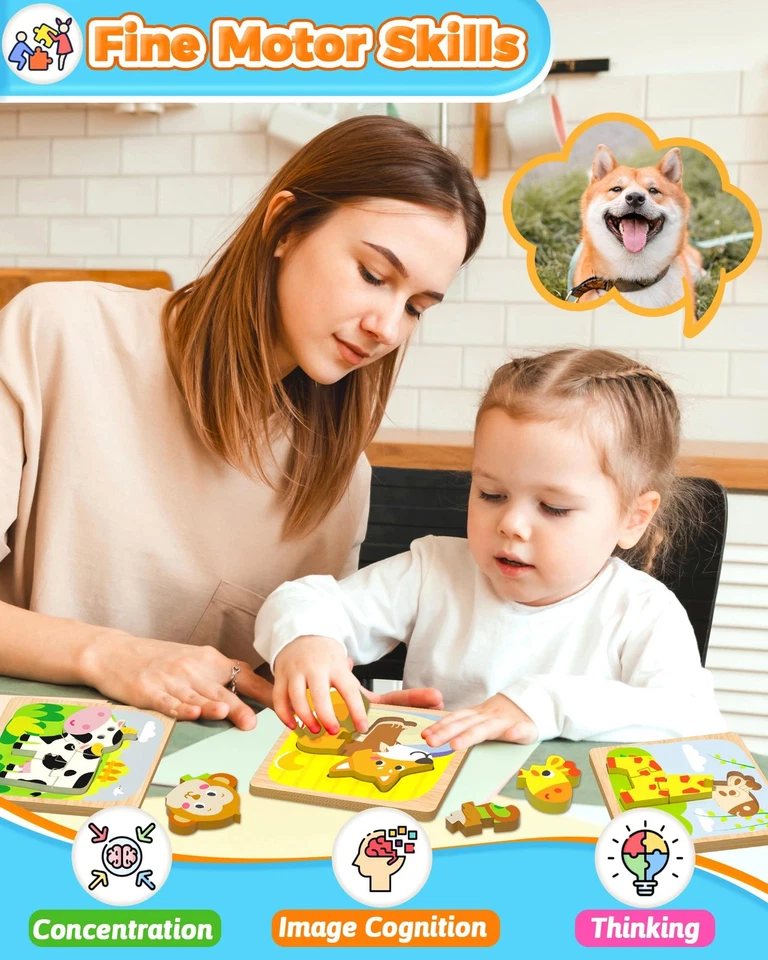 Wooden Toddler Puzzles, 12pcs Animal Montessori Toys for 1-3 Year Old Boys & ... - Image 2 of 4