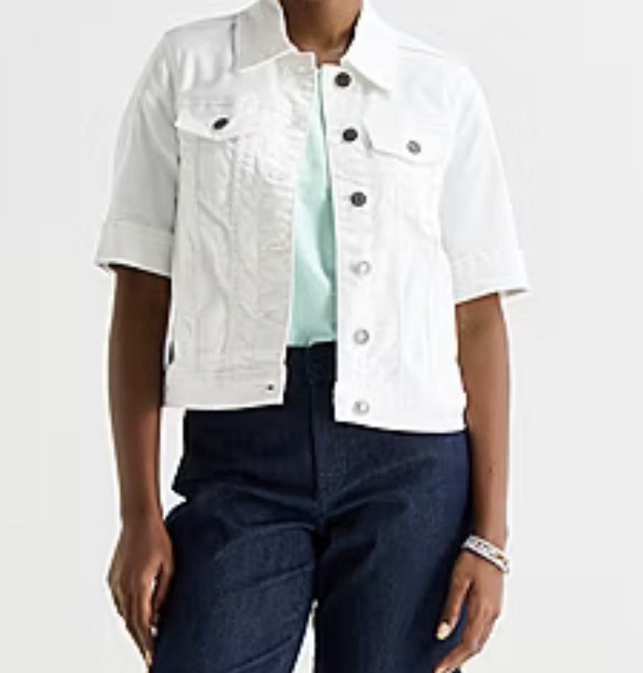 St. John’s Bay White Denim Jacket Women’s L Short Sleeve Button Front New
