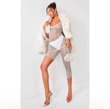 NWT PrettyLittleThing White Rhinestone Mesh Dress with Silver Chain Straps Sz L