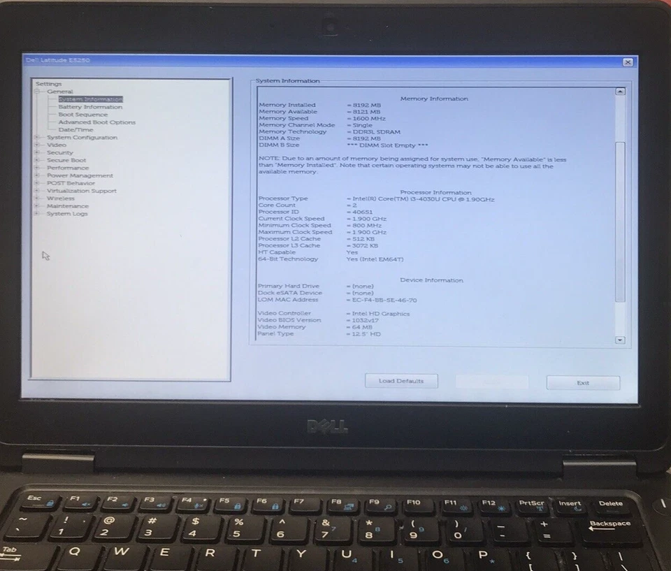 Dell Latitude E5250 12.5"Laptop i3-4030U 8GB Ram No HDD No OS Boots BIOS H2400 - Image 2 of 4