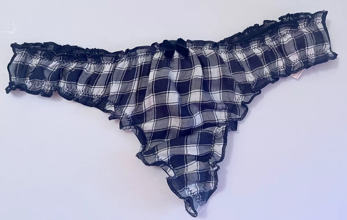 NWT GILLY HICKS HOLLISTER S NAVY BLUE WHITE PLAID RUFFLE BLOOMER THONG  PANTIES