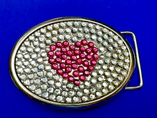 Sparkling Pink Heart in Clear Rhinestone Covered Silver Tone Retro Belt Buckle