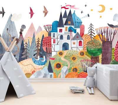 Aquarell Märchenschloss Kind Tapete Wandbild abnehmbar abwaschbar abziehen & kleben
